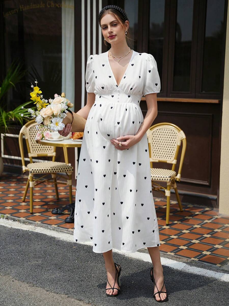 Momance 优雅心形印花花瓣袖深V领开衩孕妇连衣裙 - 白色 - 查看 1