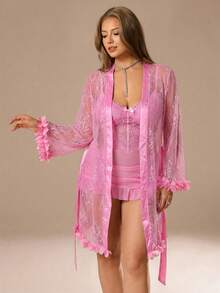Auralis 1 Set Bata de encaje de talla grande con decoración floral 3D + Vestido camisola de encaje de talla grande con diseño de cintura ceñida - Rosa - Ver 4