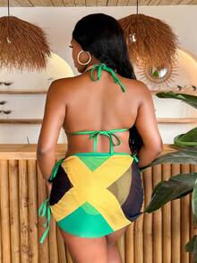 Slaydiva Plus Size Women's 3 Pieces Set, Solid Color, Color Block, Multi-Color Placement Print, Fashion Vacation Casual Sexy 2026 New Triangle Cup High Waist Triangle Panty Semi-Sheer Mesh Sarong Halter Tie Bow Bestselling Bikini Swimwear - Multicolor - View 2