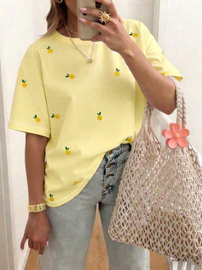 EMERY ROSE Camiseta de manga corta con tema de frutas para mujer, ropa casual para exteriores, camiseta linda, ropa de estar en casa