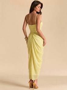 SHEIN BAE Damen gelbes Neckholder-Kleid mit Raffung und hohem Schlitz, elegantes Kleid - Gelb - Übersicht 2