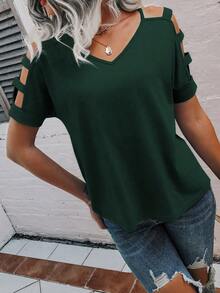 SHEIN LUNE Women's Solid Color Cutout V-Neck Casual T-Shirt - Green - View 6