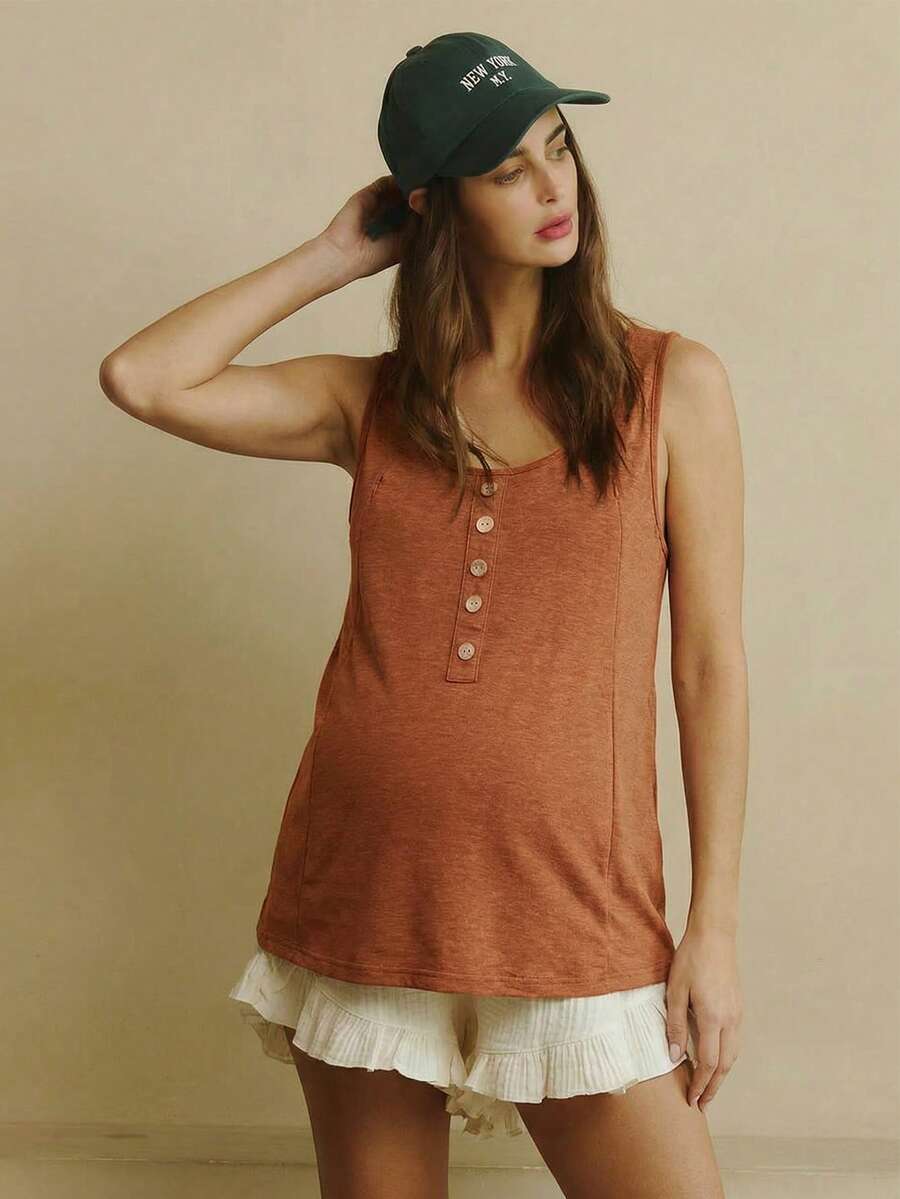 GentleRue Maternity Maternity Casual Solid Color Sleeveless Nursing Top, Summer - Burnt Orange - View 1