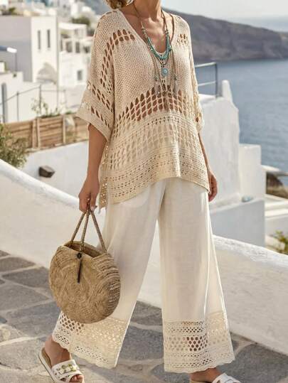 EMERY ROSE Hollow-Out Knit Cover Up, White Hollow Crochet Knit Top, Fine Openwork Craftsmanship Exudes Elegance, Batwing Sleeves For Casual Chic, Ideal For Spring/Summer Styling
