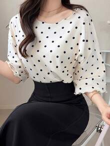 FRIFUL 女士波浪条纹宽松撞色滚边短袖T恤，夏季休闲装 - 杏色 - 查看 6