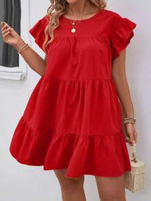 SHEIN PETITE CURVE Große Größen Damen Einfarbiges Rundhals Locker Babydoll Kleid, Rüschensaum, Urlaubs-Strandoutfit - Rot - Übersicht 3