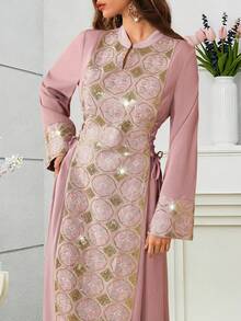 Al Najma Đầm thanh lịch đính sequin thêu họa tiết, thắt eo bên hông, tay xòe. - Hồng - Xem 3