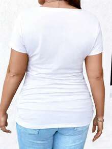 EMERY ROSE Damen Casual T-Shirt Einfarbig mit rundem Ausschnitt, kurzen Ärmeln und plissierter Taille in Große Größen - Verschiedenfarbig - Übersicht 2