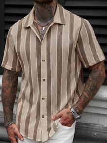 Manfinity CasualCool Áo Polo nam dệt sọc kiểu dáng thường ngày - Màu Khaki - Xem 5