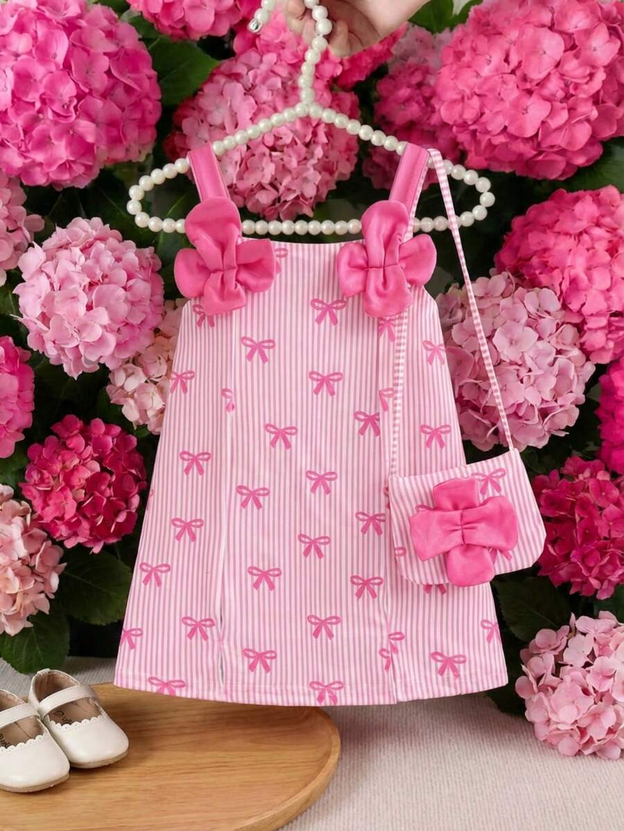 SHEIN Playful Pals Baby Girl 2pcs Cute Sweet Outifit ,Floral 3D Decorative Camisole Bowknot Printing Dress &Give A Bag - Pink - View 1