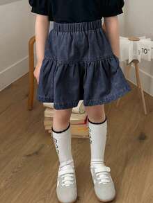 Dazy Kids 少女夏季休闲荷叶边下摆松紧腰牛仔迷你裙 - 深色水洗藍 - 查看 5