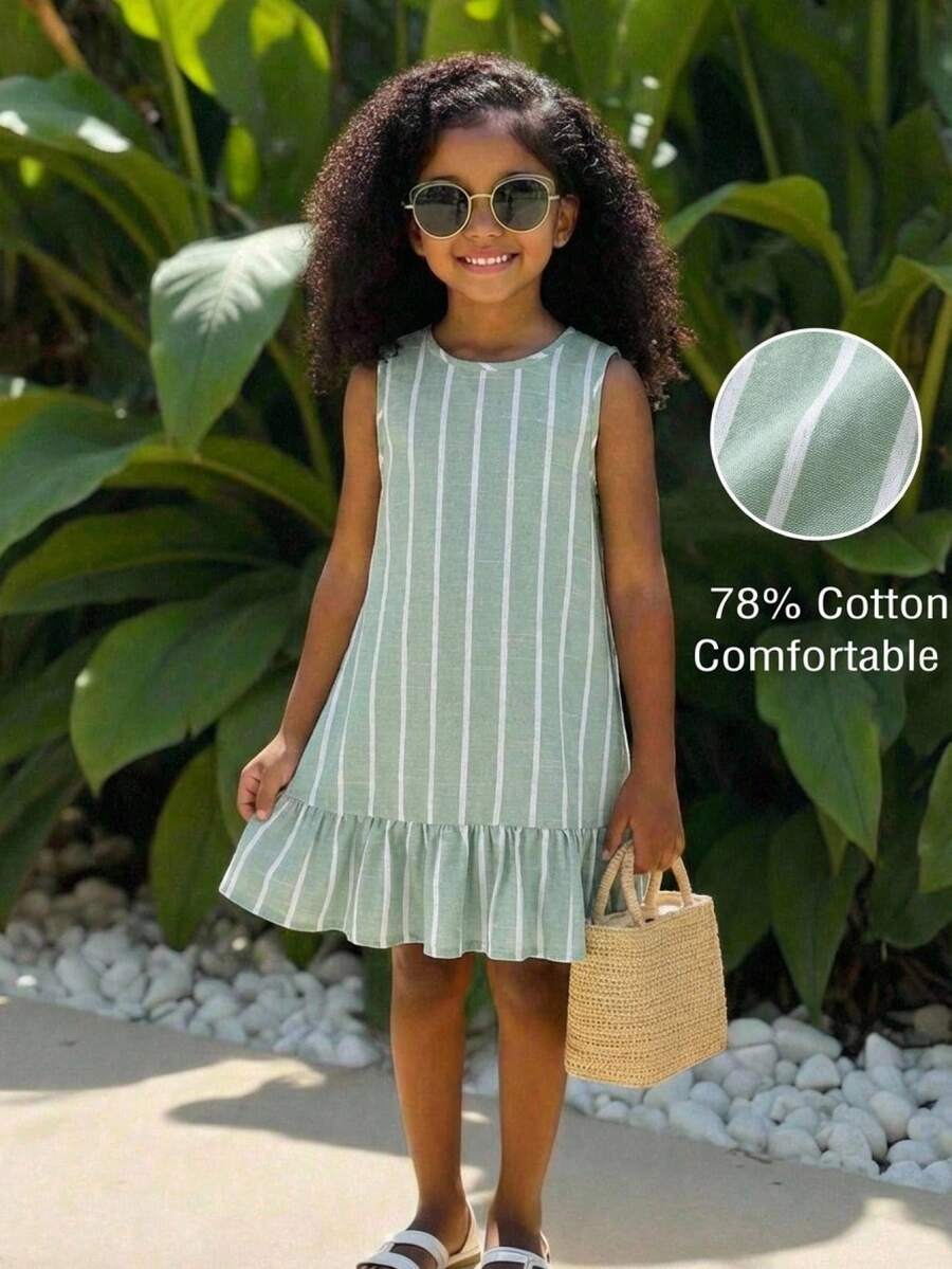 SHEIN Young Girl Vacation Casual Fashion Woven Green Striped Round Neck Sleeveless Ruched A-Line Dress - Green - View 1