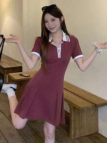 DAZY Đầm ngắn tay cổ bẻ dáng casual dành cho nữ, thích hợp cho mùa hè. - Màu Đỏ Sâu - Xem 3