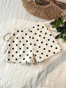 SHEIN Comfortcana Women's Summer Casual Vacation Style Polka Dot Print Wrap Tie Denim Skort - Beige - View 2