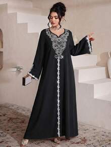 Al Najma Đầm maxi dài tay xẻ tà, dáng rộng, sang trọng, thêu và đính cườm, phong cách truyền thống Thổ Nhĩ Kỳ và Ả Rập. - màu đen - Xem 6