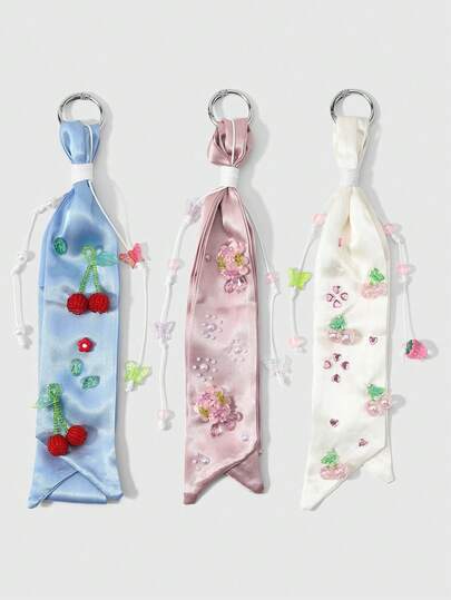 ROMWE 1条随机颜色春季新款ins风精致气质时尚百搭高感蓝/粉/米色缎面真丝围巾，白色皮带，彩色蝴蝶重工手工串珠缝制樱花水钻爱心仿珍珠装饰DIY钥匙扣配件包包挂件，适合姐妹、女友、女孩和女士日常佩戴，节日礼物