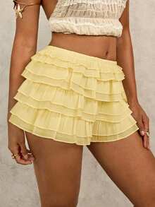 Swim Glamine Women's Solid Color Elastic Waist Ruffle Hem Romper Yellow Ruffle Shorts Ruffles Shorts Frilly Short Yellow Shorts For Women Skorts For Women Co Ord - Light Yellow - View 5