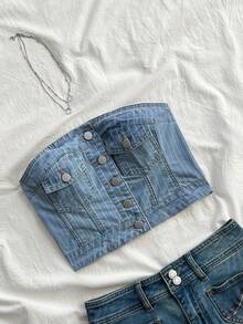 Elamini Y2K Fashion Casual Striped Button-Up Cropped Camisole Top - Light Wash - View 1