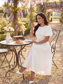 SHEIN Lady 女士优雅纯色泡泡袖连衣裙春夏优雅长袖 A 字裙主教袖白色婚礼情人节酒会大码连衣裙服装舞会礼服秋季女士连衣裙节日连衣裙白色连衣裙希腊女神裙白色毕业礼服 - 白色 - 查看 6