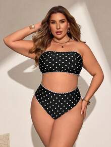 SHEIN Swim Curve 大码两件套泳衣，简约日常夏季沙滩装，女士 - 黑色 - 查看 3