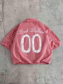 AXEPEAK Men's Letter & Plaid Pattern Short Sleeve Single-Breasted Shirt - Pink - View 1