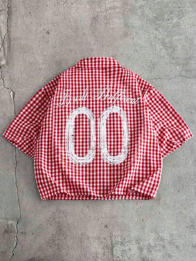 AXEPEAK Men's Letter & Plaid Pattern Short Sleeve Single-Breasted Shirt