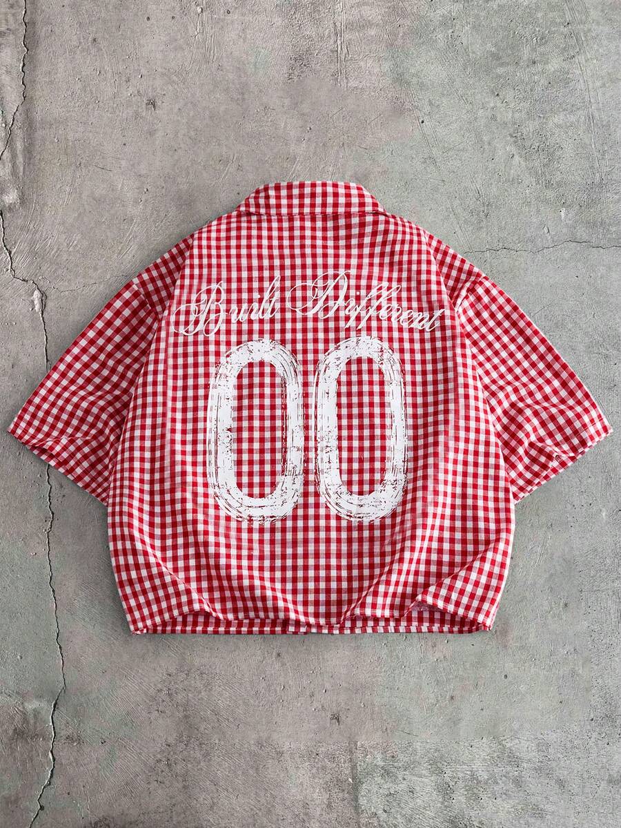 AXEPEAK Men's Letter & Plaid Pattern Short Sleeve Single-Breasted Shirt - Pink - View 1