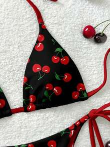 Soleia Casual Cute Retro Cherry Full Print Pattern Women's Swimsuit Set, Suitable For Spring/Summer Holiday & Beach - Multicolor - View 5