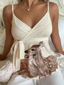 CovetEZ 女士春夏新品 - 甜美杏色小鹿印花可爱少女侧系荷叶边吊带背心 - 彩色 - 查看 3