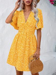 Wandoria Women's Summer Beach Vacation Floral Print V-Neck Flutter Sleeve Ruched Waist Short Dress - Yellow - View 5
