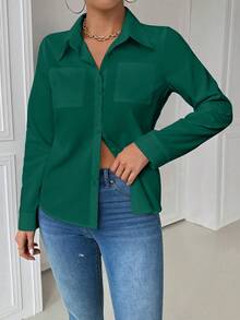 Airaco 休闲领口袋修身白色长袖女式衬衫 - 墨綠色 - 查看 4