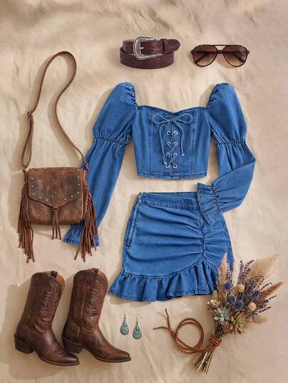 GlowEve Women's Denim Blouse With Eyelet Lace-Up Design And Pleated Mini Skirt Casual Suit