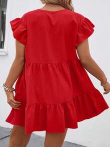 SHEIN PETITE CURVE Große Größen Damen Einfarbiges Rundhals Locker Babydoll Kleid, Rüschensaum, Urlaubs-Strandoutfit - Rot - Übersicht 2