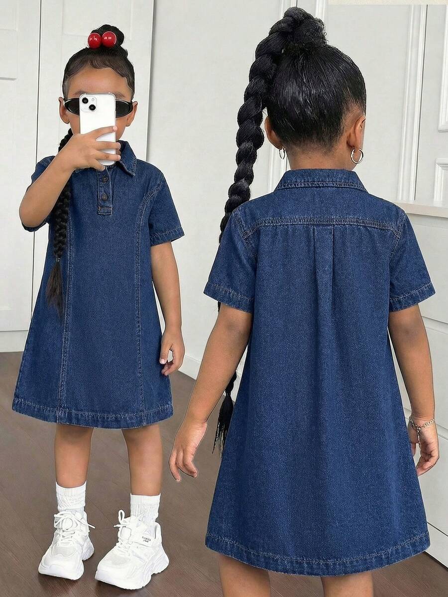 Young Girl' New Fashion Y2k Casual Soft Cute Oversized Boho Navy Blue Denim Shirt Dress Spring Summer,For Kids Girls Spring/Summer Dailywear Outfits,Girls Streetwear Outfits,Beach Vacation Outfits For Girls ,Girls Summer Boho Outfits,Casual Clothes For Girls ,Elegant Dresses For Girls ,Toddler Dress ,4-Year-Old Girls Dress ,Summer Dress ,Casual Dress,Shirt Dress - Dark Wash - View 1