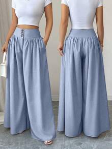 Elenzga Quần ống rộng dáng suông thời trang thanh lịch mới, thiết kế khóa hoa, màu kaki vải lanh, thích hợp mặc vào mùa xuân/hè, Lễ Tạ ơn và Halloween, quần ống rộng dáng suông đa năng. - Màu xanh nhạt - Xem 2