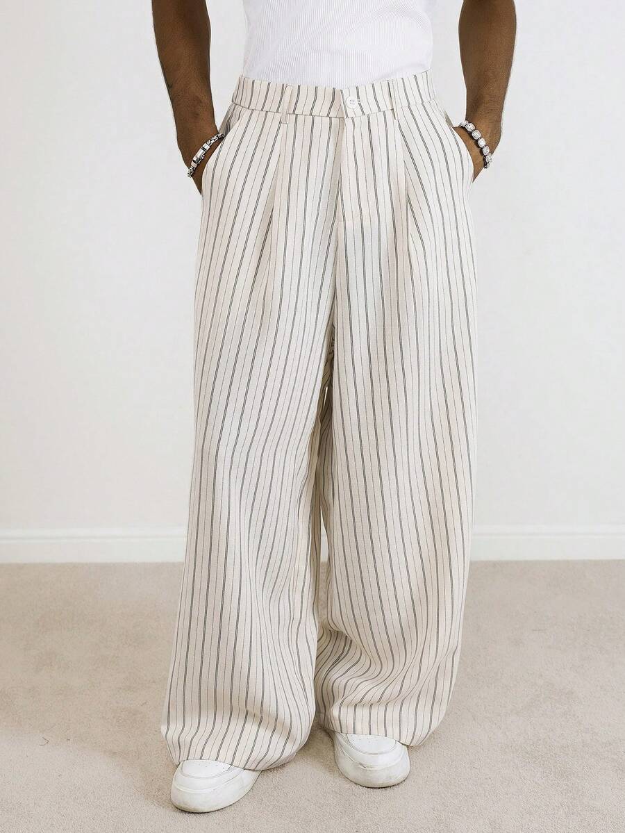 TOKVUE 男士条纹口袋阔腿宽松休闲裤，夏季款 - 米色 - 查看 1