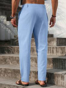 VENTUSAIL Pantalones lisos con cordón en la cintura, pantalones largos entallados de lino, lisos y frescos para salir, otoño - Celeste - Ver 2