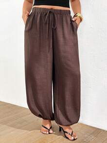 Lounesse Quần dài màu nâu cỡ lớn dành cho nữ, kiểu quần ống loe thời trang, đa năng, phù hợp mặc hàng ngày và đi làm, có túi. - màu nâu - Xem 3