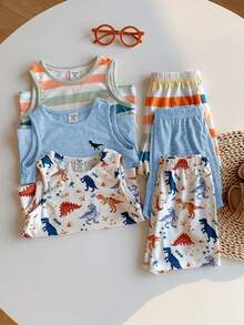 SHEIN Bộ 6 món áo thun dệt kim và quần short cạp chun họa tiết hoạt hình dễ thương cho bé trai/bé gái, thích hợp mặc mùa hè, quần áo trẻ em mùa xuân/hè, áo ngắn tay cho bé trai. - Nhiều màu - Xem 7