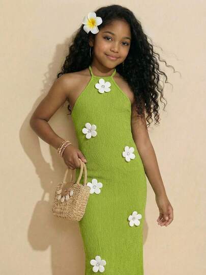 Travachic KIDS 少女碎花装饰修身露背连衣裙