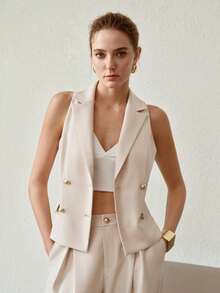 PREMIUM WOVEN SHINY SATIN ELEGANT SLEEVELESS BLAZER - Apricot - View 5