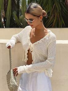 DAZY Áo khoác cardigan dệt kim mỏng nhẹ tay dài dành cho nữ - Màu be - Xem 2