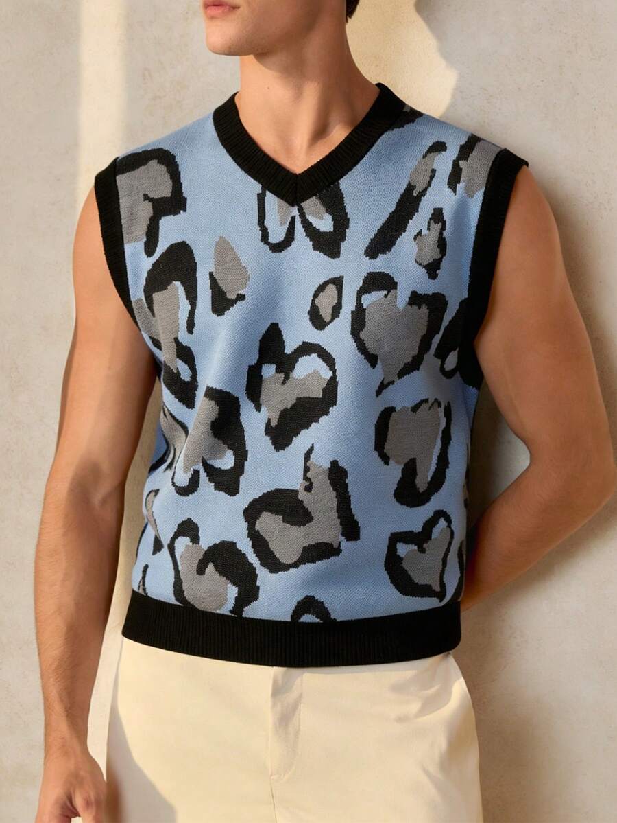 Chillumni Men's Casual Leopard Print Knit Vest, Suitable For Spring And Autumn - Blue - View 1