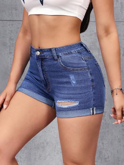 Rivivi Quần short denim nữ dáng ôm, phong cách thường ngày, bạc màu và rách nhẹ, thích hợp cho mùa hè.