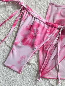 Swim SXY 女士印花露背海星装饰比基尼泳装套装，含沙滩裙，印花比基尼，女士沙滩派对服装，带罩衫的比基尼套装 - 彩色 - 查看 4