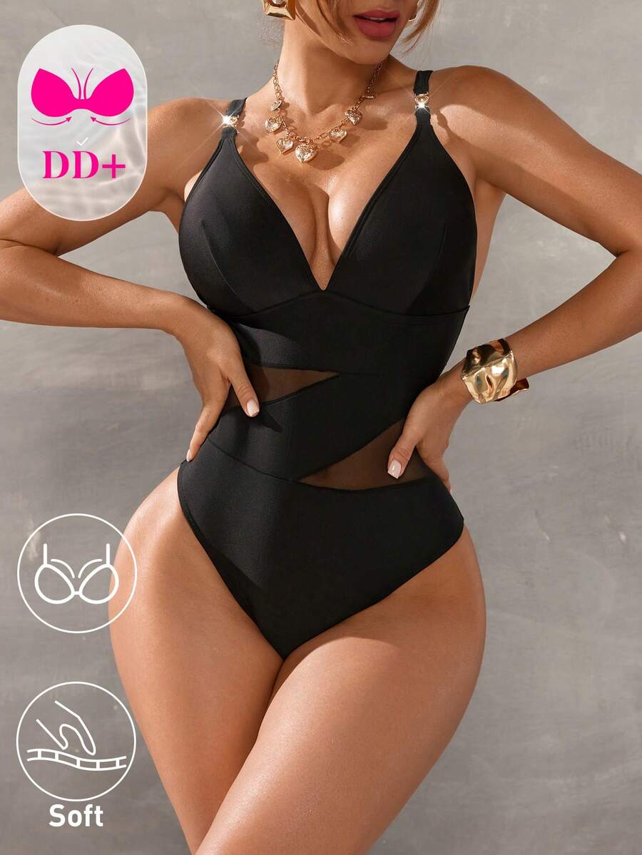 Swim DD+ Áo tắm nữ đi biển phối lưới - màu đen - Xem 1