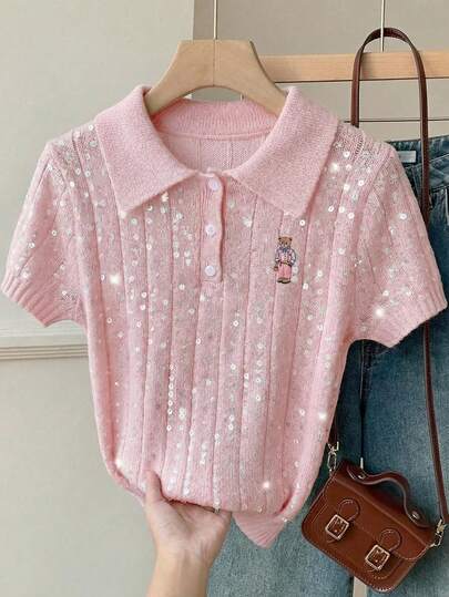 CovetEZ Women's Knitted Textured Sequin Embroidered Niche College Style Brand, Trending Cute Bear Brand Series, Really Adorable Polo Collar Short Sleeve, Suitable For Spring And Summer