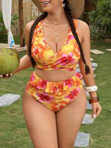 SHEIN Swim 2pcs Plus Size Women Floral Print Criss-Cross Front Halter Tankini Swimwear - Multicolor - View 6