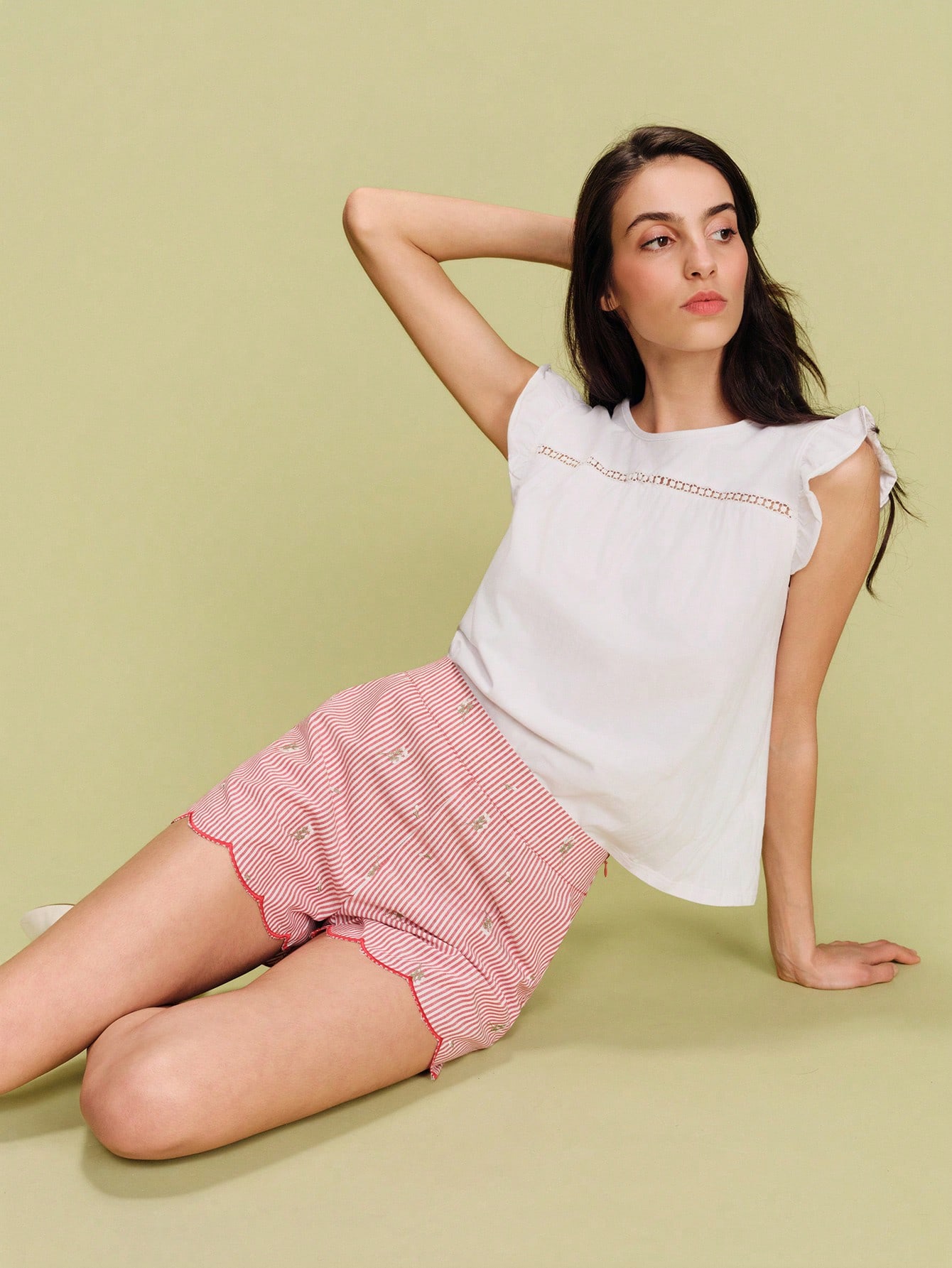 High Waisted Red Striped Shorts With Floral Embroidery And A Scalloped Hem Cute Spring Summer French Style Parisian Style Holiday Outfit Summer Vacation Outfit Going Out