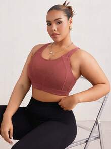 SHEIN Sports 加大码女士连体钢圈运动文胸，可调节工字背设计，高强度支撑，适合中国新年穿着 - 紅木色 - 查看 5